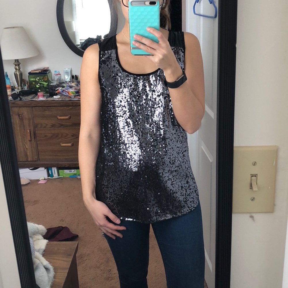 Sparkly sequin leather trim sleeveless top